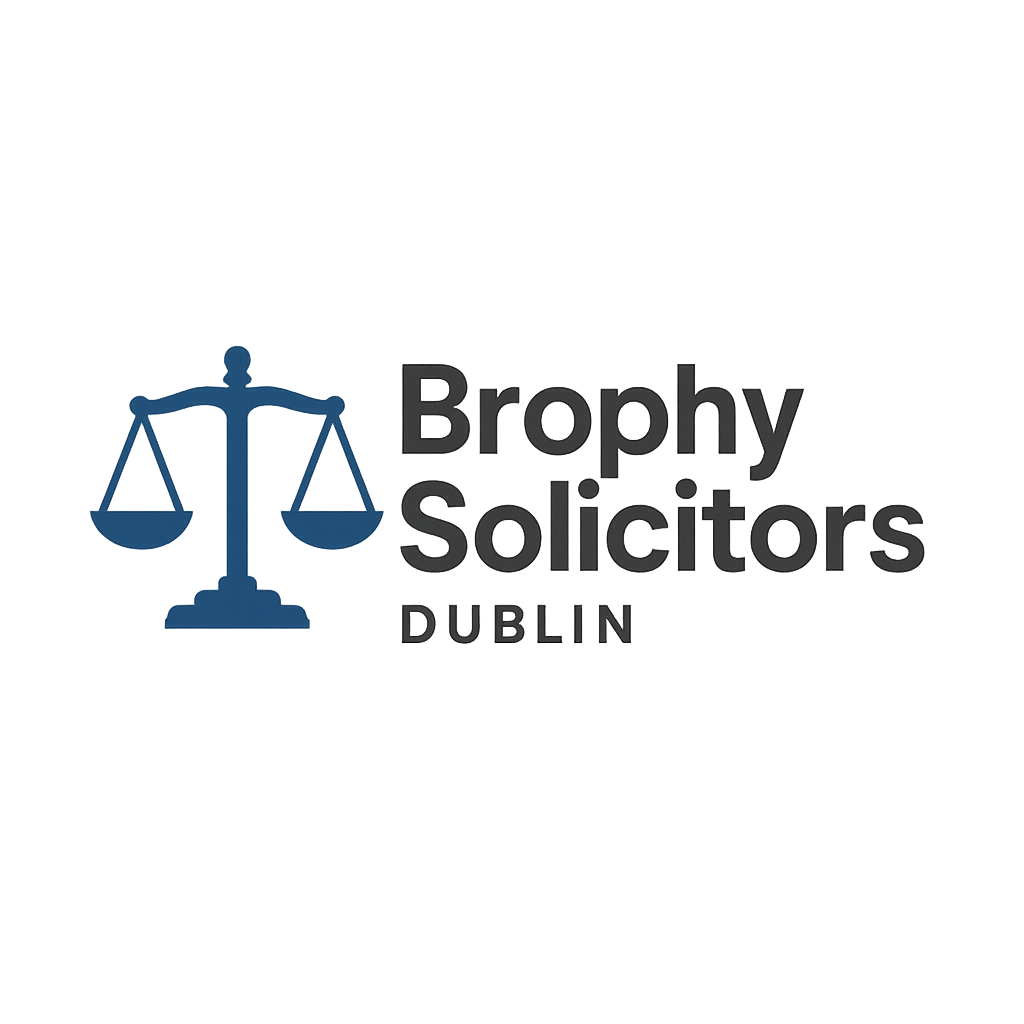 Logo of Brophy Solicitors Dublin featuring a blue balance scale and bold black text.
